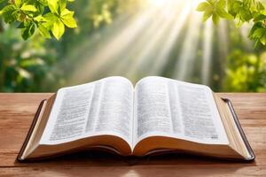 Open holy book resting on wooden table with sunbeams shining through green leaves photo
