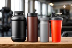 Sports nutrition supplements and shaker bottle resting on bench in gym setting photo