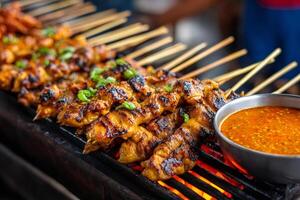 Delicious chicken satay grilling with spicy peanut sauce. photo