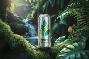 100 percent natural drink can resting on mossy rock in lush rainforest photo