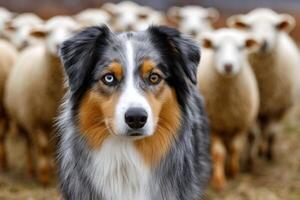 Australian shepherd dog guarding flock of sheep photo