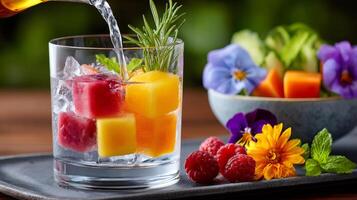 Bartender pouring water into glass with ice cubes made of colorful fruits and herbs photo