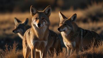 Three coyotes standing in the grass photo