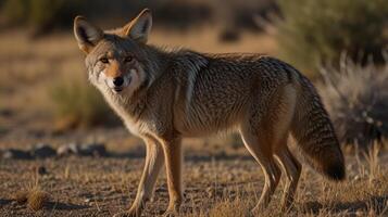 A coyote stands in the desert looking at the camera photo
