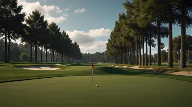 A golf course with trees and a green grass photo