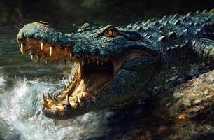 A large crocodile is sitting on a rock in the water photo