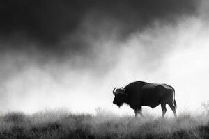 A black and white photo of a buffalo standing in the fog