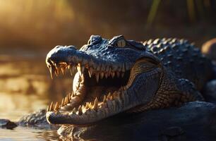 A large alligator with its mouth open in the water photo