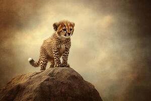 A cheetah cub standing on top of a rock photo