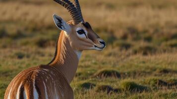 A gazelle with long horns standing in a field photo