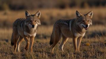 Two coyotes stand alert in a field at dawn or dusk photo