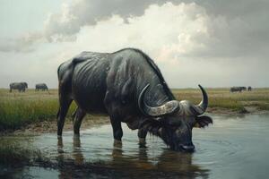 A painting of a buffalo drinking water in a field photo