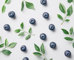 Fresh blueberries and leaves on a white background photo