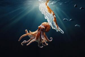 Underwater octopus with plastic debris photo