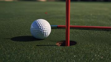 Golf ball and red flag on green grass photo