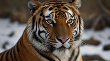 A tiger is looking at the camera in the snow photo