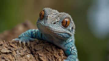 A blue lizard with orange eyes sitting on a tree photo
