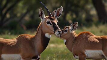 Mother and baby antelope in a grassy field photo