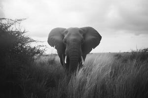 An elephant walking through tall grass in a field photo