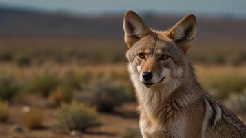 A coyote is standing in the middle of a desert photo