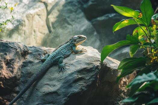 An iguana is sitting on a rock in a zoo photo