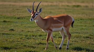 A gazelle standing in the grass on a field photo
