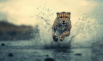 Cheetah in mid-stride, splashing water photo