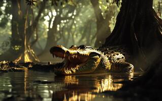 Crocodile in a sunlit swamp photo