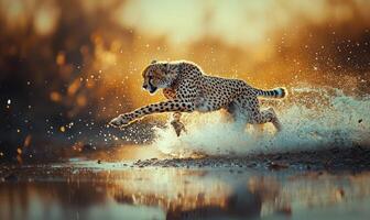 Cheetah running through shallow water at sunrise photo
