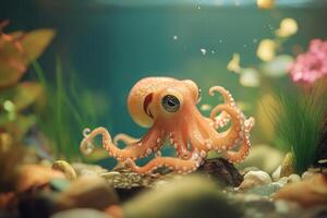 Cute cartoon octopus in an aquarium photo