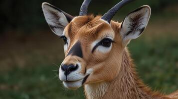 A close up of a gazelle with black spots on its face photo