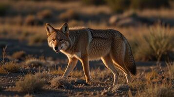 Coyotes in a desert landscape at sunrise photo