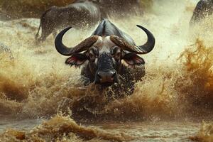 A herd of buffalo running through a river photo
