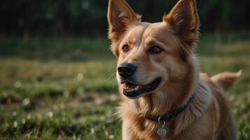A golden dog is sitting in the grass photo