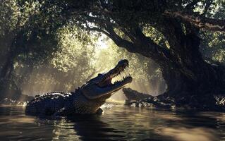 A large crocodile in a sunlit swamp photo