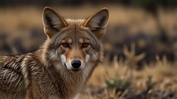 A coyote is standing in the middle of a field photo