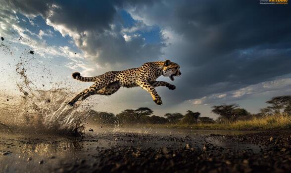 Cheetah leaping through a puddle photo