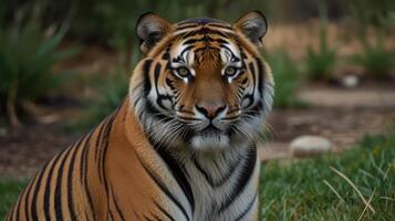 A tiger sitting in the grass with its eyes open photo