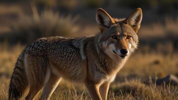 A coyote is standing in the grass photo