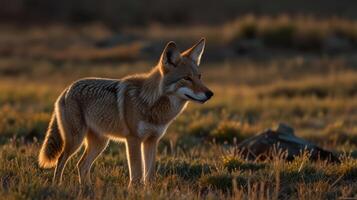 A coyote stands in the grass at sunset photo