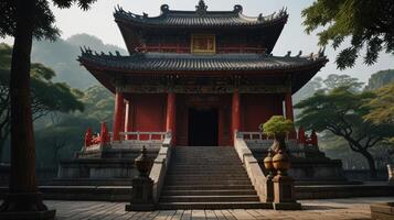 Ancient Chinese temple in a misty forest photo