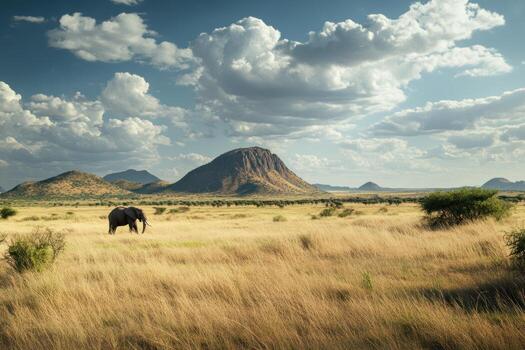 A large elephant walking through a field with a mountain in the background photo