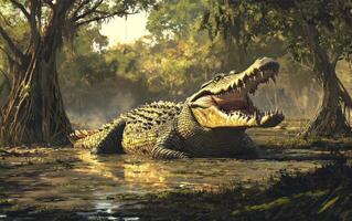 A large crocodile in a swampy forest photo