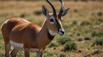 A gazelle with long horns standing in the grass photo