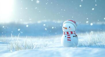 A cute snowman in a snowy landscape photo