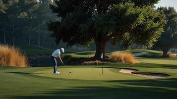 Golfer preparing to putt on a golf course photo