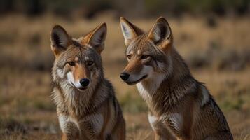Two coyotes are sitting in the grass photo