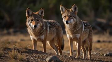 Two Coyotes standing alert in a sunlit landscape photo