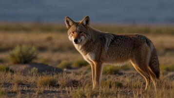 A coyote stands in the middle of a field photo