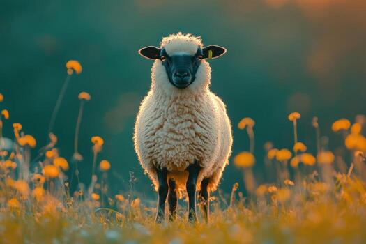 Sheep in a field at sunset photo